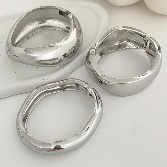 Chunky Gold Bangles Alloy 3pcs Stackable Irregular Cuff Statement Jewelry - Picture 5 of 6